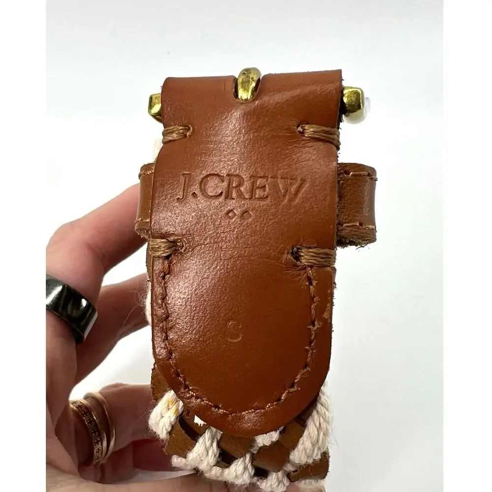 J.Crew Braided Rope & Leather Belt Size S Woven Nautical Gold Buckle Brown Cream - Picture 6 of 7